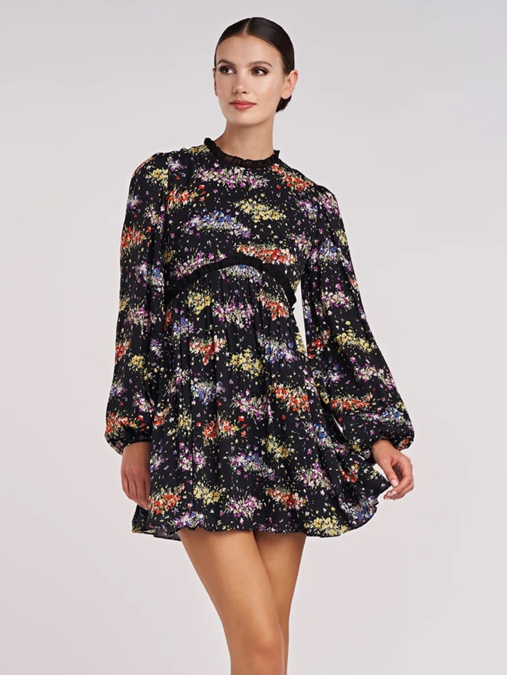 AMUR Codi Floral Long Sleeve Babydoll Mini Dress Black Size 4 NWOT